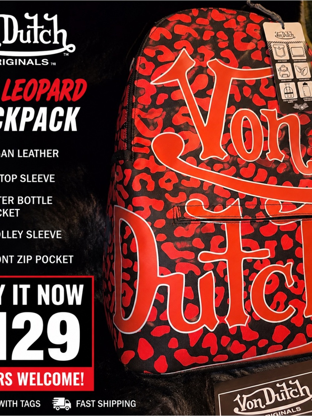 🔥 NWT Von Dutch Red Leopard Print Backpack | Laptop Sleeve | Travel | Y2K | Rare
